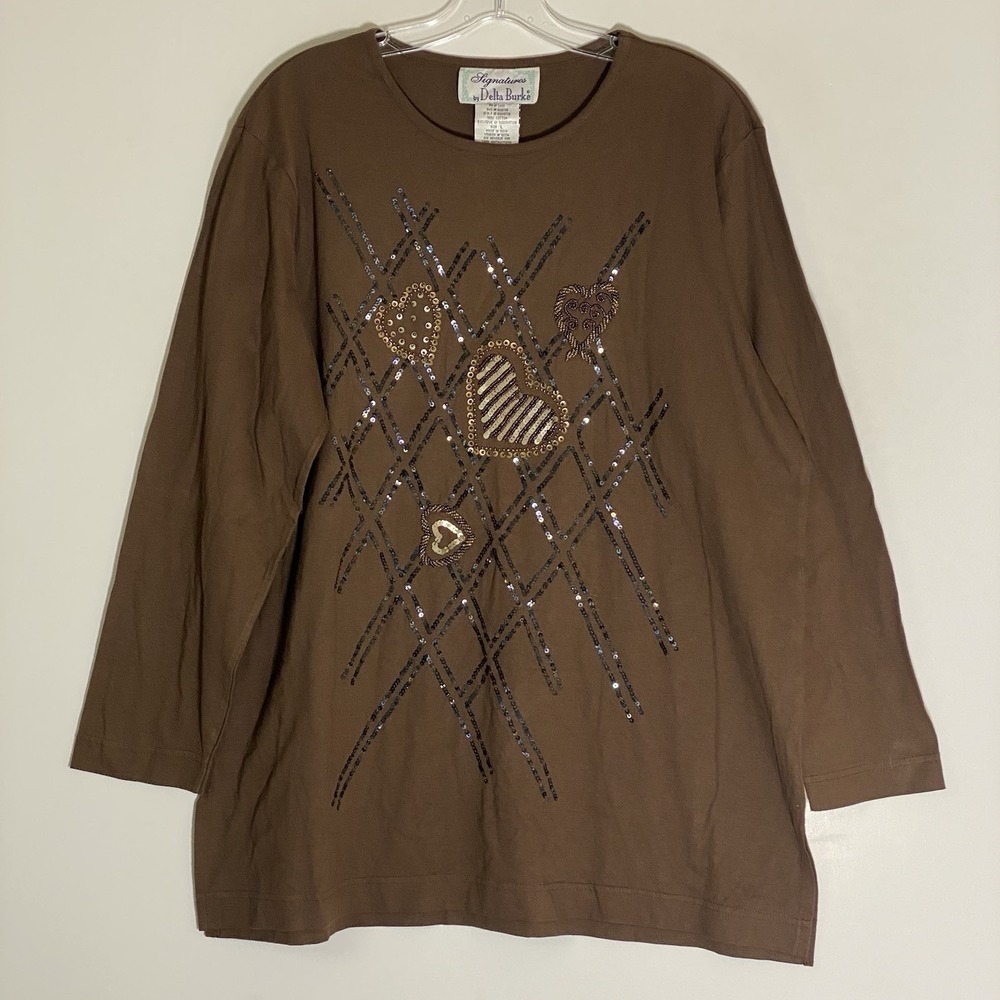 Signatures Delta Burke Top Womens Large Brown Sequined Hearts Valentines Glam L